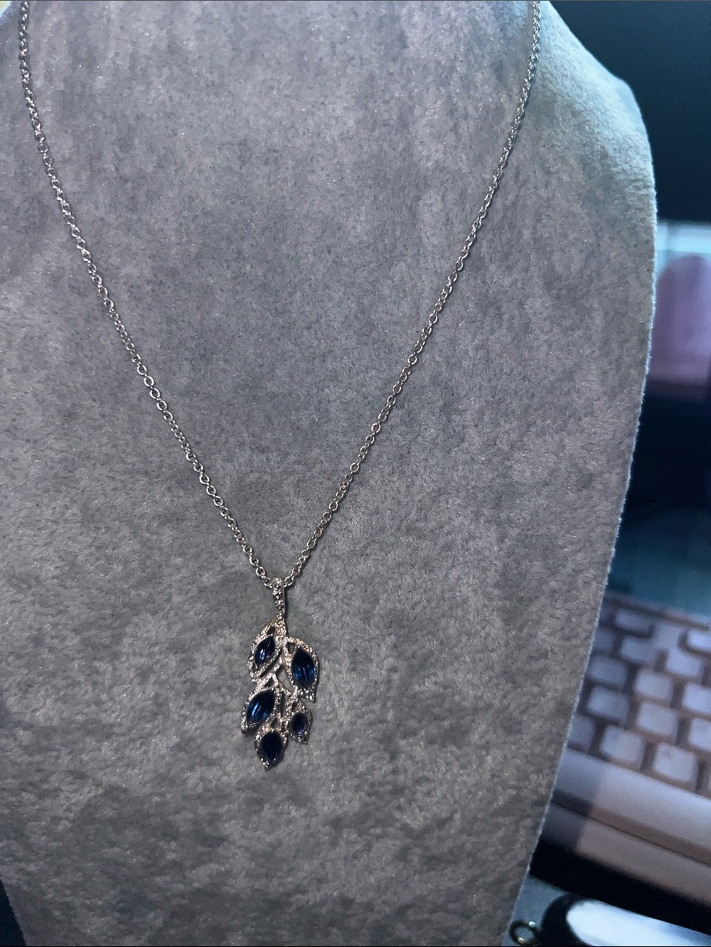 Silver Leaf Pendant Necklace with Blue Stones - Women Jewelry